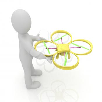 3d man with drone, quadrocopter, with photo camera. 3d render. 3D render