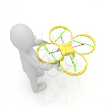 3d man with drone, quadrocopter, with photo camera. 3d render. 3D render