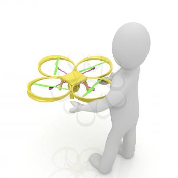 3d man with drone, quadrocopter, with photo camera. 3d render. 3D render