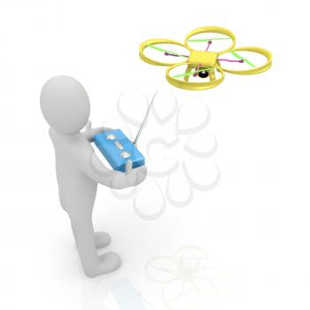 3d man with drone, quadrocopter, with photo camera. 3d render. 3D render