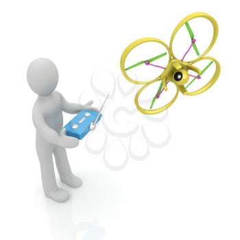 3d man with drone, quadrocopter, with photo camera. 3d render. 3D render