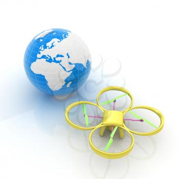 Quadrocopter Drone with Earth Globe and remote controller on a white background. 3d illustration