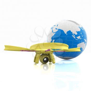 Quadrocopter Drone with Earth Globe and remote controller on a white background. 3d illustration