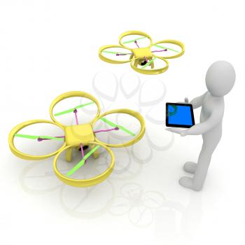 3d white people. Man flying a white drone with camera. 3D render