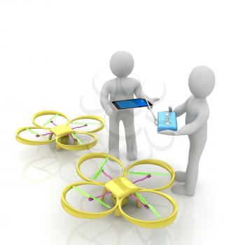 3d white people. Man flying a white drone with camera. 3D render