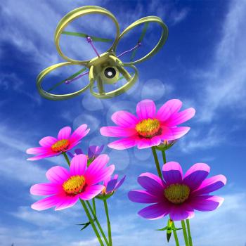 Drone, quadrocopter, with photo camera against the sky and Beautiful Cosmos Flower. 3D illustration