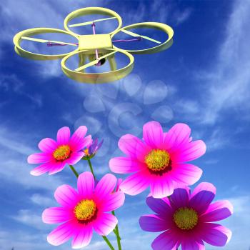 Drone, quadrocopter, with photo camera against the sky and Beautiful Cosmos Flower. 3D illustration