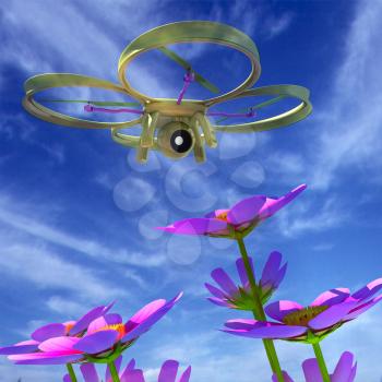 Drone, quadrocopter, with photo camera against the sky and Beautiful Cosmos Flower. 3D illustration