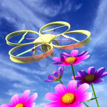 Drone, quadrocopter, with photo camera against the sky and Beautiful Cosmos Flower. 3D illustration