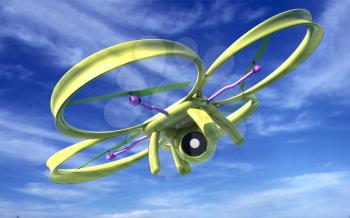 Drone, quadrocopter, with photo camera against the sky. 3D illustration