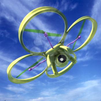 Drone, quadrocopter, with photo camera against the sky. 3D illustration