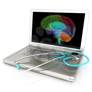 Laptop, brain and Stethoscope. 3d illustration