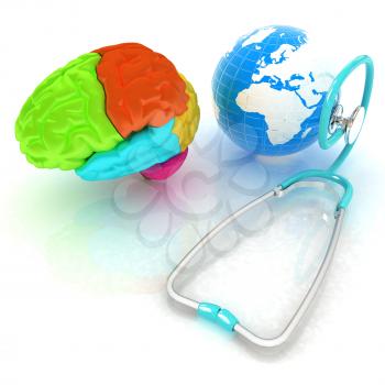 stethoscope, globe, brain - global medical concept. 3d illustration