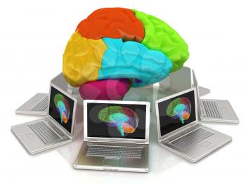 Computers connected to central brain. 3d render