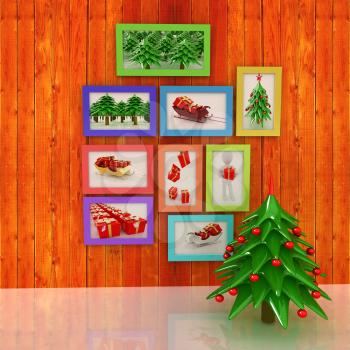 Mock up poster on the wood wall with christmas tree and decorations. 3d illustration