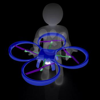 3d man with drone, quadrocopter, with photo camera. 3d render. 3D render