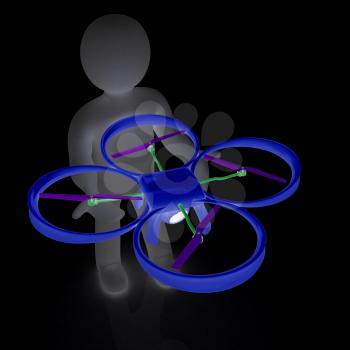 3d man with drone, quadrocopter, with photo camera. 3d render. 3D render