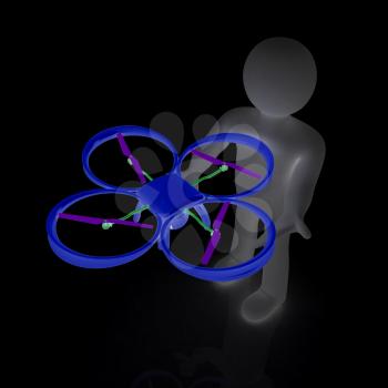 3d man with drone, quadrocopter, with photo camera. 3d render. 3D render