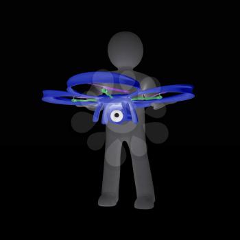 3d man with drone, quadrocopter, with photo camera. 3d render. 3D render