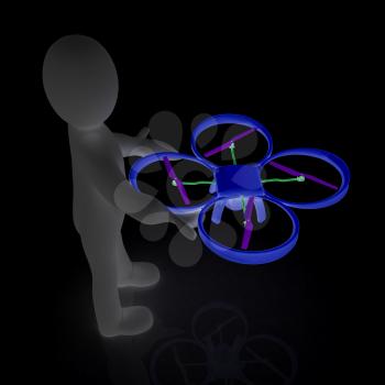 3d man with drone, quadrocopter, with photo camera. 3d render. 3D render