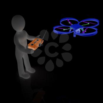 3d man with drone, quadrocopter, with photo camera. 3d render. 3D render