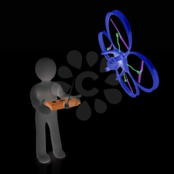 3d man with drone, quadrocopter, with photo camera. 3d render. 3D render