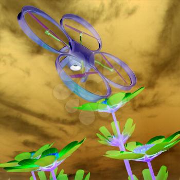 Drone, quadrocopter, with photo camera against the sky and Beautiful Cosmos Flower. 3D illustration