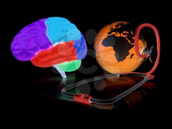 stethoscope, globe, brain - global medical concept. 3d illustration