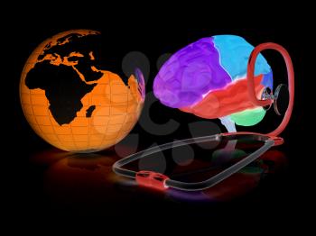 stethoscope, globe, brain - global medical concept. 3d illustration