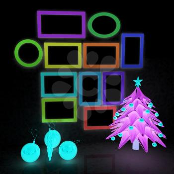 Set of Christmas and New Year frames and Christmas tree. 3D render