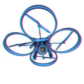 Drone, quadrocopter, with photo camera flying. 3d render. Anaglyph. View with red/cyan glasses to see in 3D.