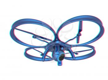 Drone, quadrocopter, with photo camera flying. 3d render. Anaglyph. View with red/cyan glasses to see in 3D.