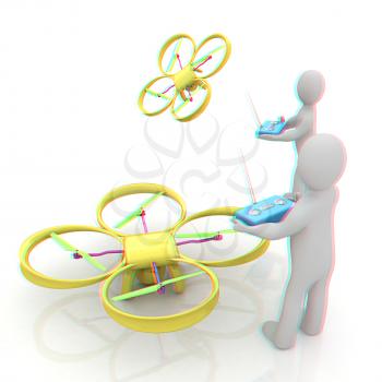 3d man with drone, quadrocopter, with photo camera. 3d render. 3D render. Anaglyph. View with red/cyan glasses to see in 3D.