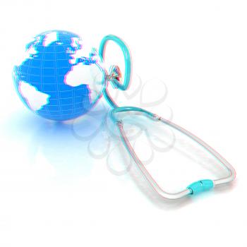 stethoscope and globe.3d illustration. Anaglyph. View with red/cyan glasses to see in 3D.