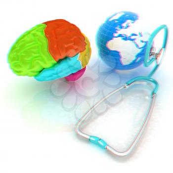 stethoscope, globe, brain - global medical concept. 3d illustration. Anaglyph. View with red/cyan glasses to see in 3D.