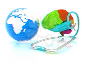 stethoscope, globe, brain - global medical concept. 3d illustration. Anaglyph. View with red/cyan glasses to see in 3D.