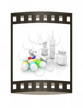 Syringe, tablet, pill jar. 3D illustration. The film strip