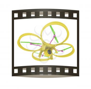 Drone, quadrocopter, with photo camera flying. 3d render. The film strip