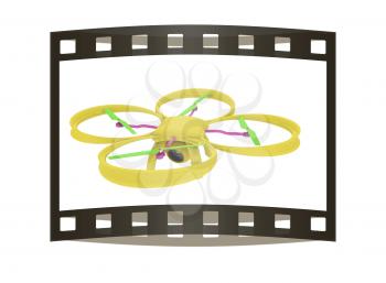 Drone, quadrocopter, with photo camera flying. 3d render. The film strip