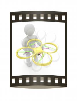 3d man with drone, quadrocopter, with photo camera. 3d render. 3D render. The film strip