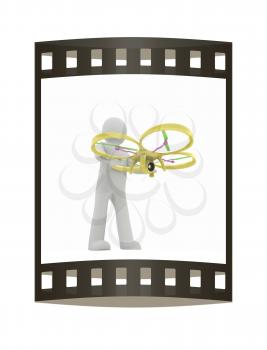 3d man with drone, quadrocopter, with photo camera. 3d render. 3D render. The film strip