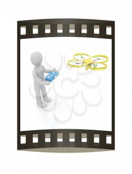 3d man with drone, quadrocopter, with photo camera. 3d render. 3D render. The film strip