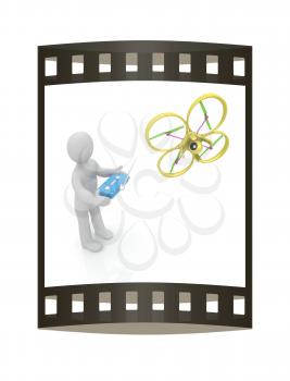 3d man with drone, quadrocopter, with photo camera. 3d render. 3D render. The film strip