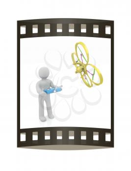 3d man with drone, quadrocopter, with photo camera. 3d render. 3D render. The film strip