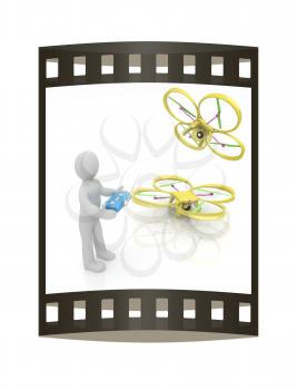 3d man with drone, quadrocopter, with photo camera. 3d render. 3D render. The film strip