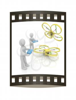 3d man with drone, quadrocopter, with photo camera. 3d render. 3D render. The film strip