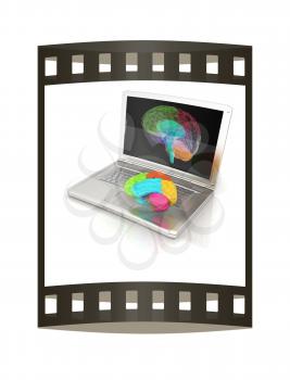 creative three-dimensional model of real human brain and scan on a digital laptop. 3d render. The film strip