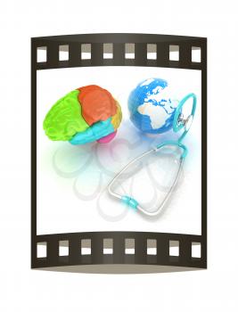 stethoscope, globe, brain - global medical concept. 3d illustration. The film strip