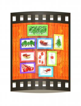 Mock up picture frames on wood wall. 3d illustration. The film strip