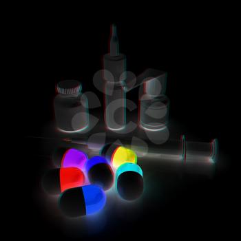 Syringe, tablet, pill jar. 3D illustration. Anaglyph. View with red/cyan glasses to see in 3D.